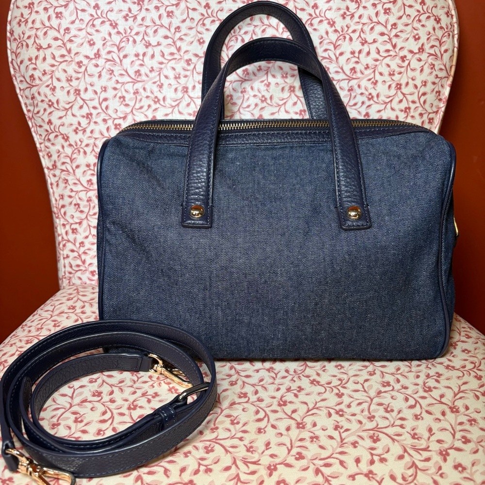 Navy Denim Satchel Handbag with Detachable Strap